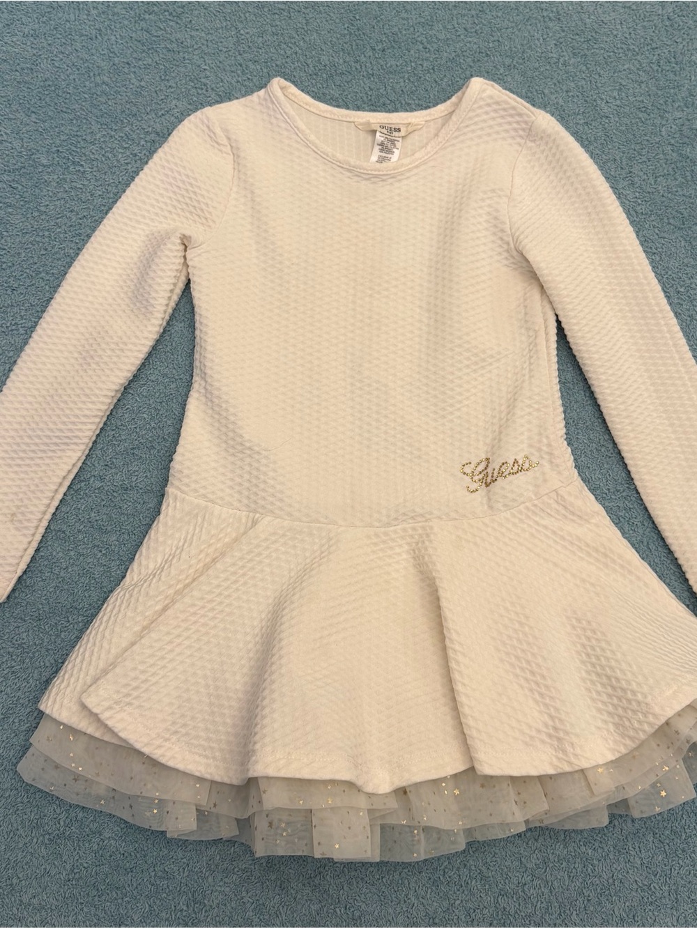 Guess Kids Girls Long Sleeve Textured Layered Dress Sparkly Tulle Ruffle White